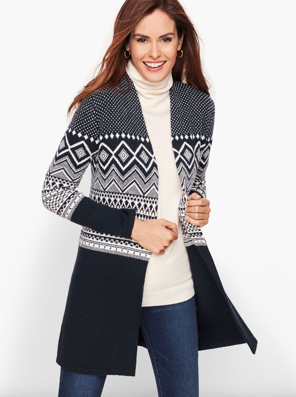 Talbots Navy Blue White Fair Isle Open Cardigan Sweater Long Duster L Large
